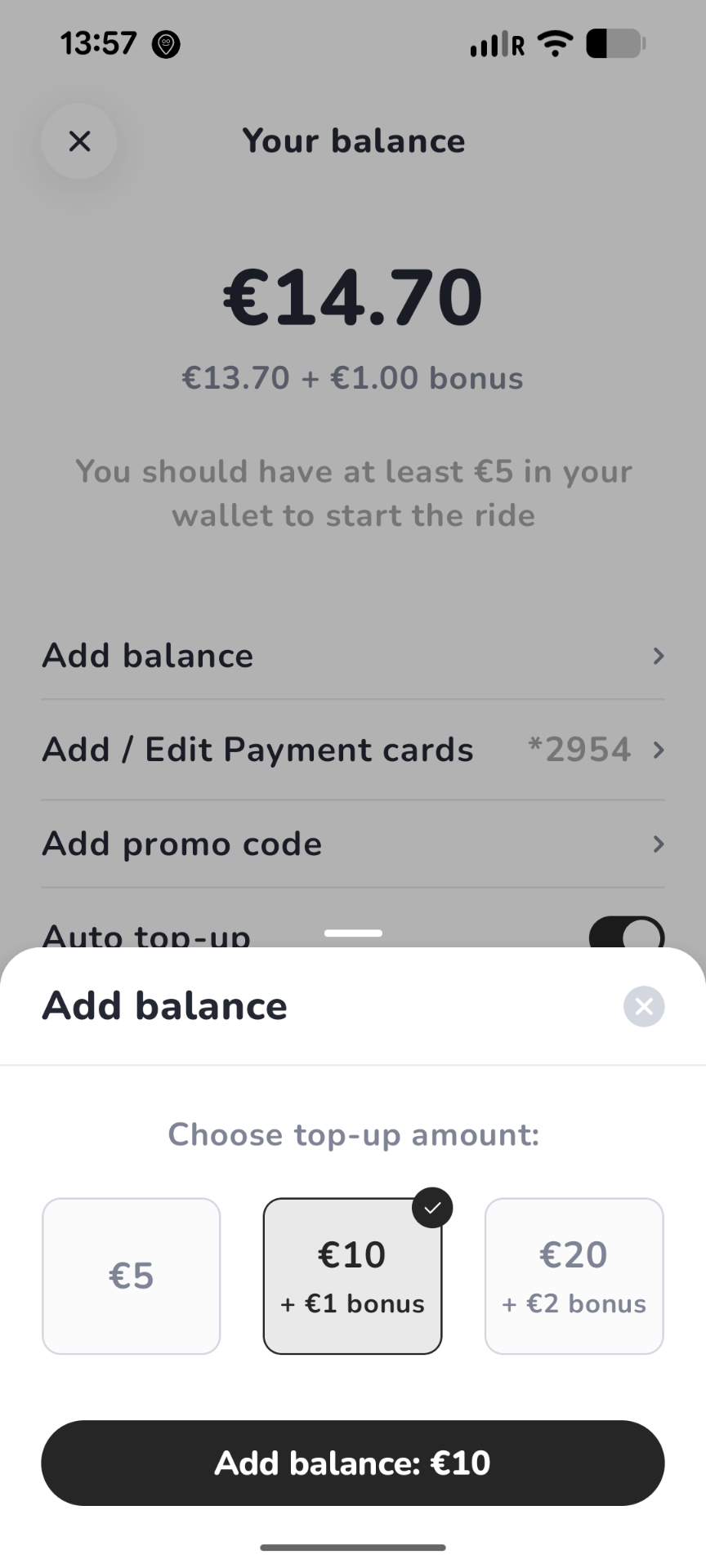 Wallet and payments — MOBY Move app screen