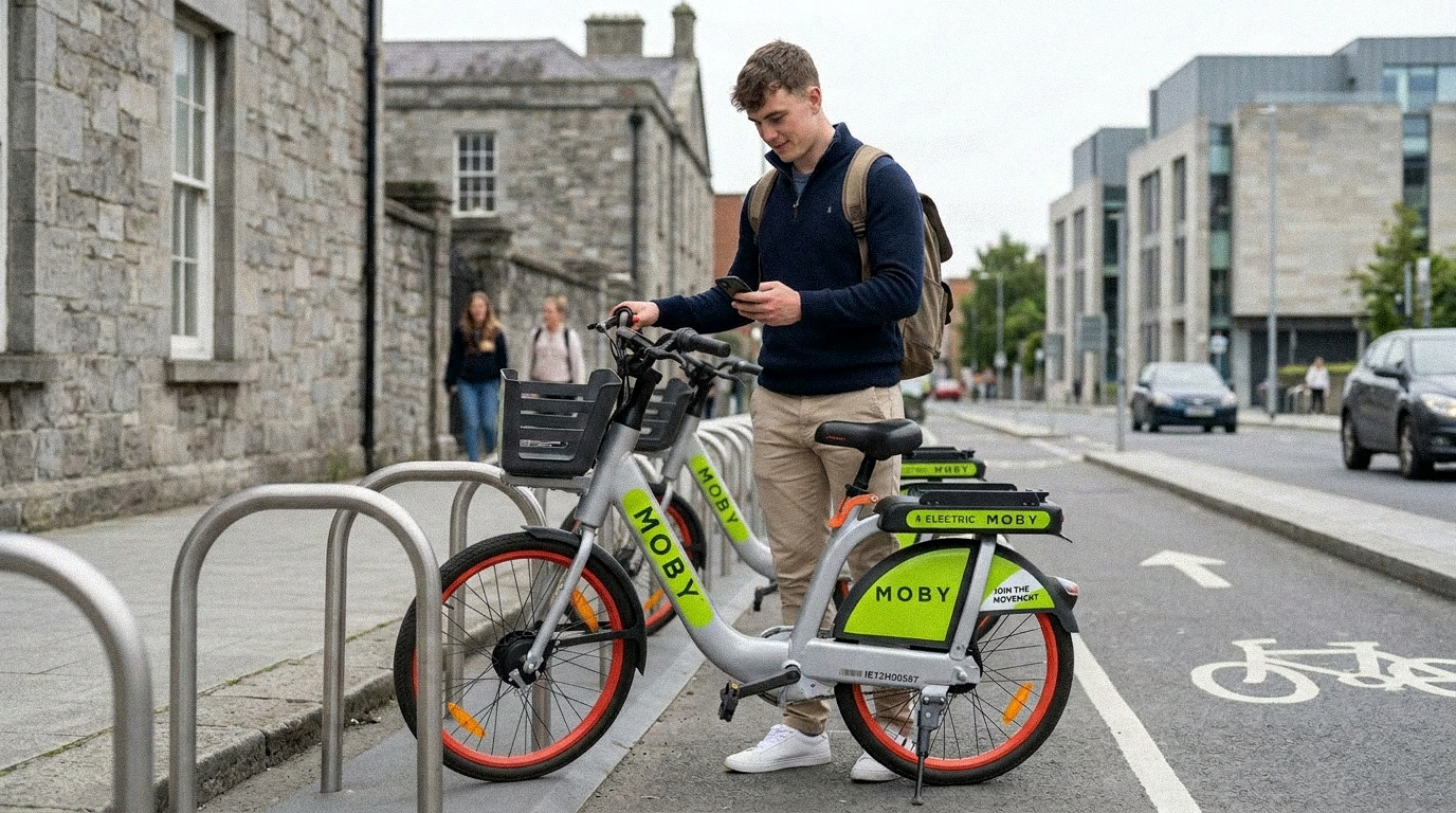 Rider scanning a MOBY bike with the app at a Dublin bike stand