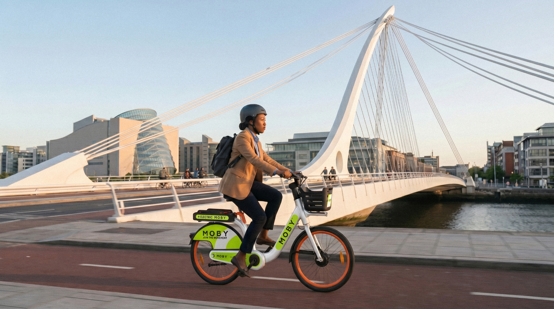 MOBY rider crossing the Samuel Beckett Bridge over the Liffey in Dublin