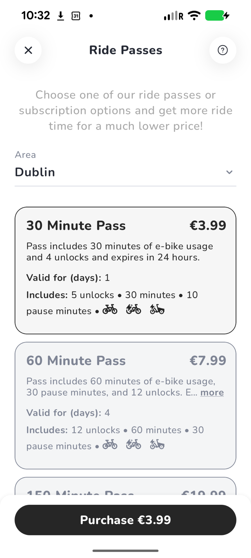 Passes and subscriptions — MOBY Move app screen
