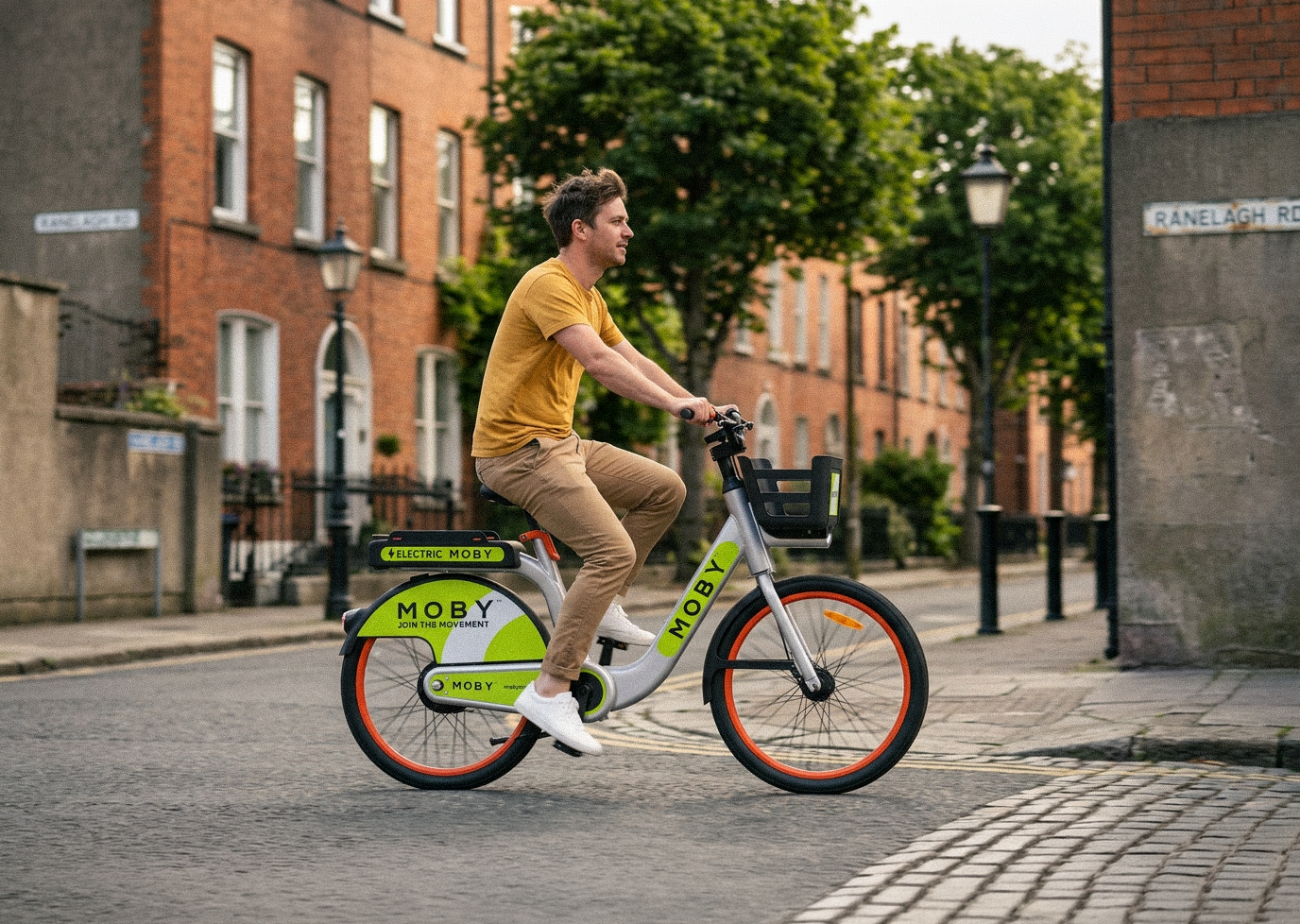 MOBY rider cycling through Ranelagh, Dublin