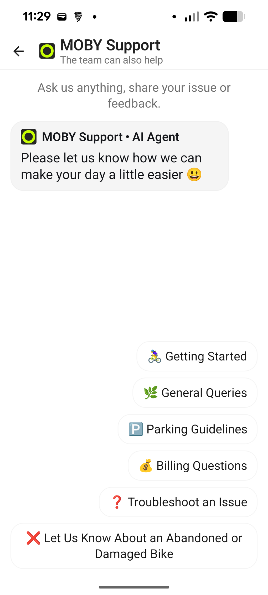 In-app support — MOBY Move app screen