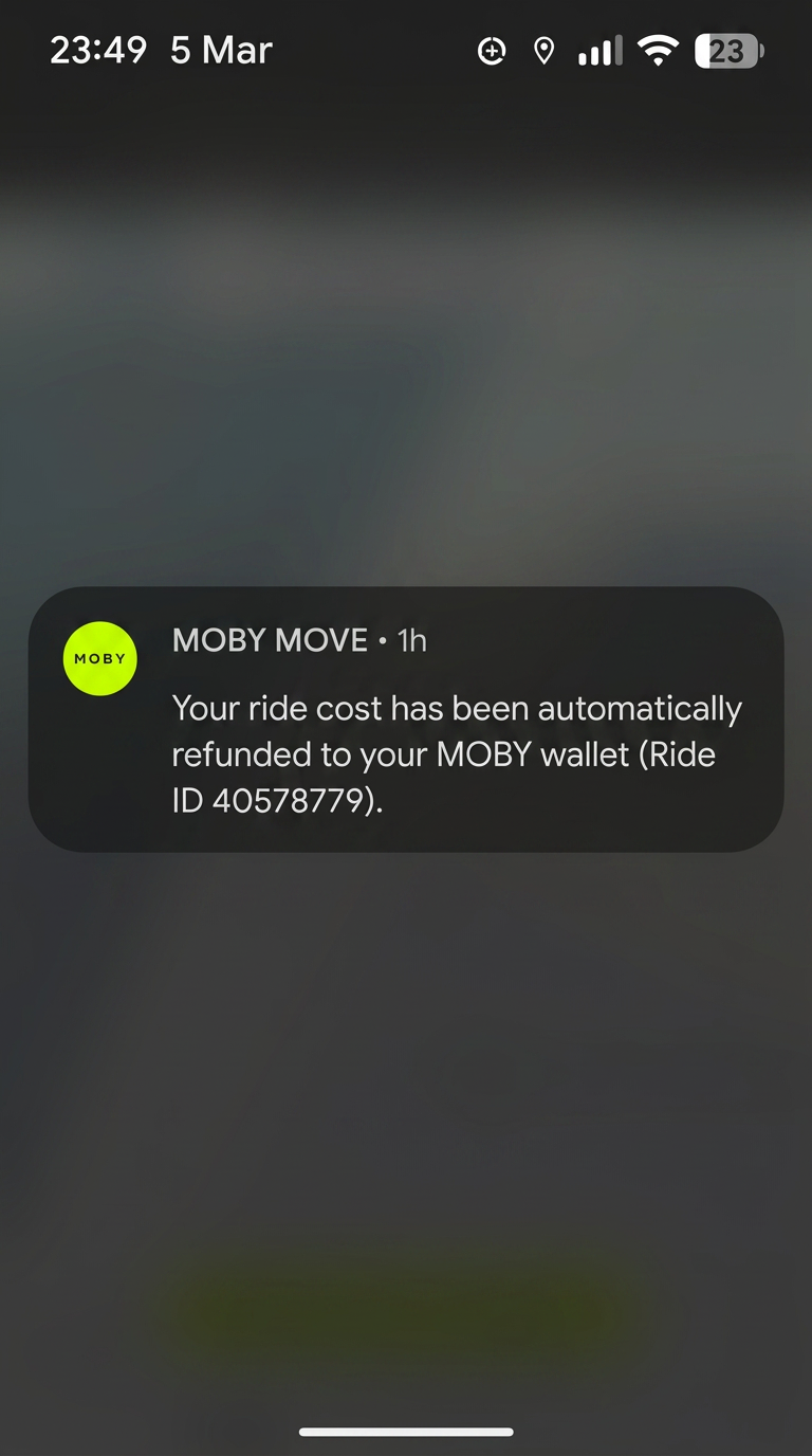 Automatic refunds — MOBY Move app screen