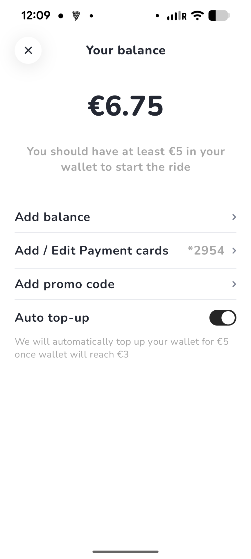 MOBY Move app wallet screen showing balance and add promo code
