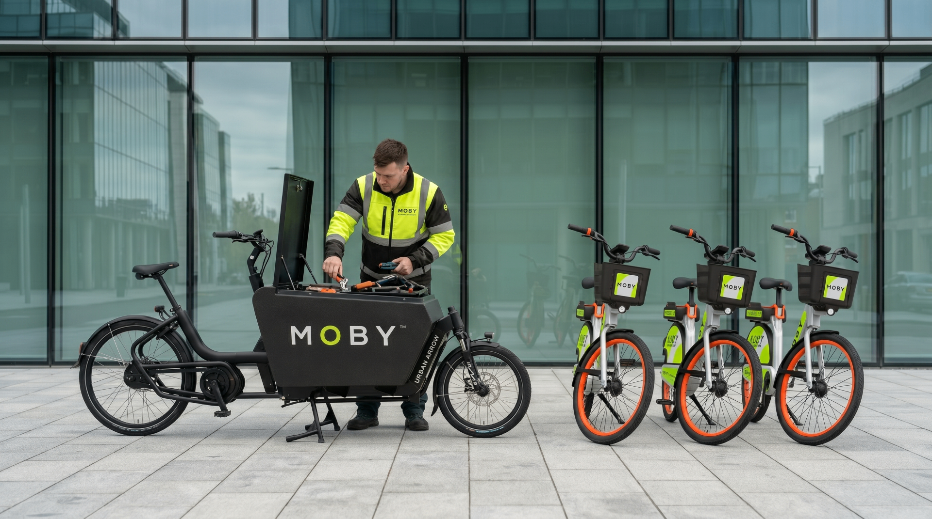 MOBY technician in hi-vis picking a tool from a MOBY Urban Arrow cargo bike beside a row of MOBY bikes