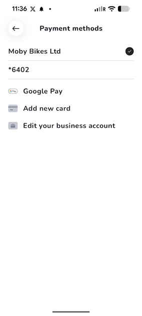 MOBY Move payment methods screen with company billing profile selected