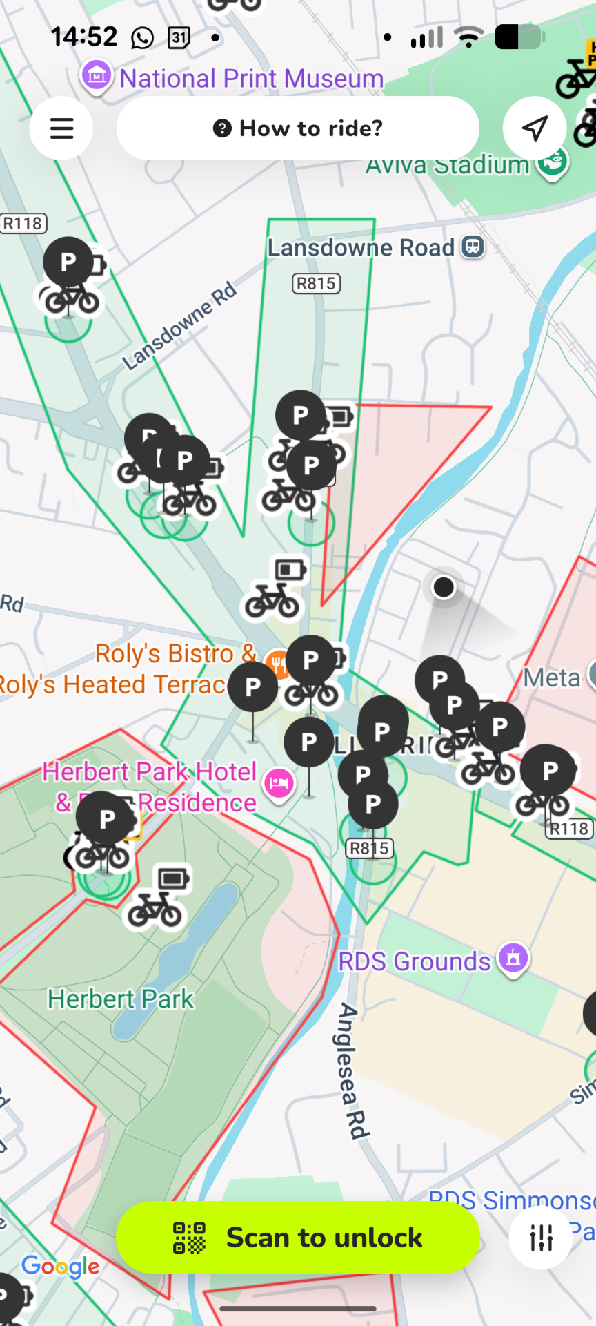 Bike, parking stands, zones — MOBY Move app screen