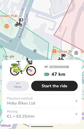 MOBY Move live map with bike card showing company payment method