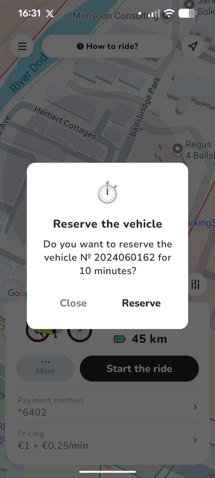 Free bike reservation — MOBY Move app screen