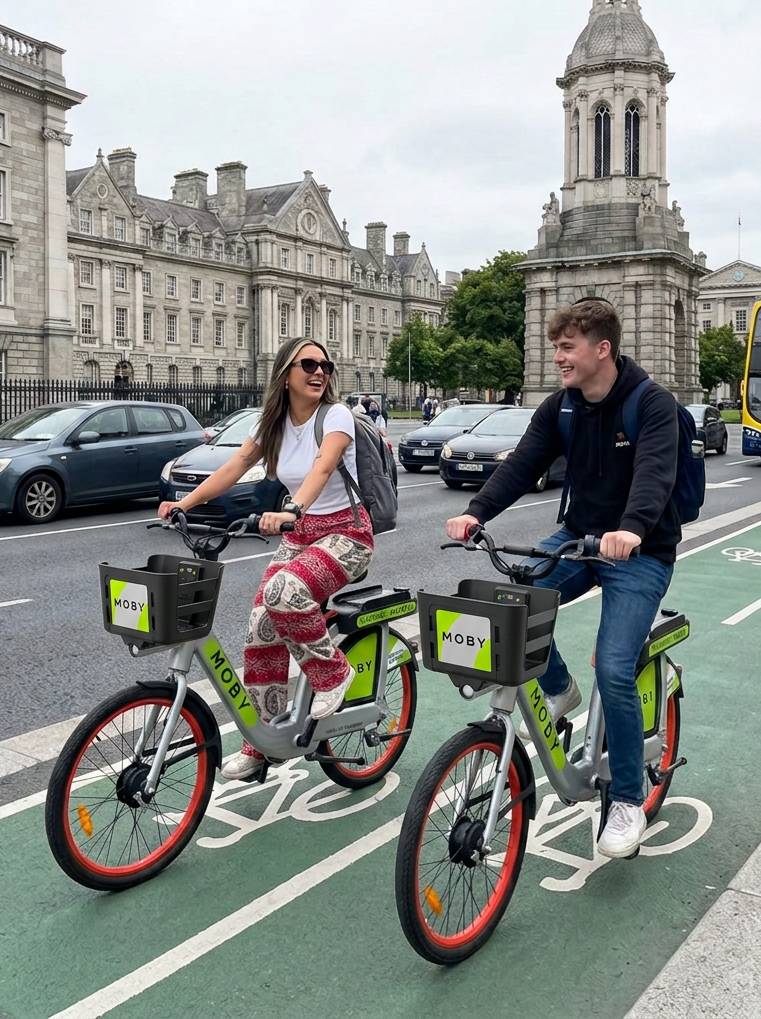 Two students riding MOBY e-bikes past Trinity College Dublin
