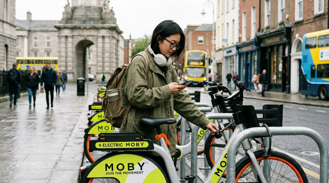 Rider locking a MOBY bike at a Sheffield stand in Dublin